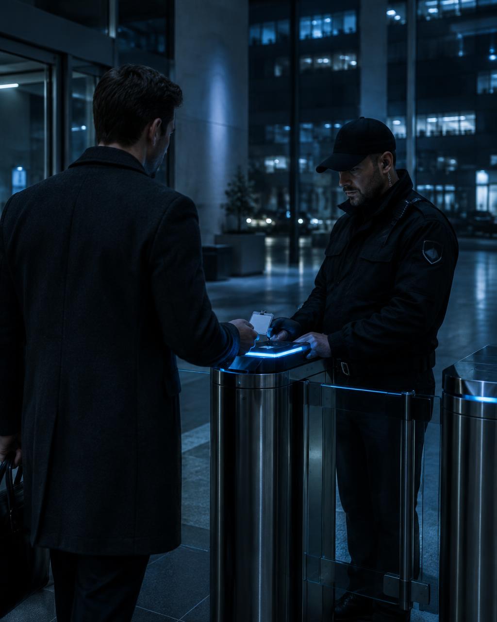 Sicherheitsmitarbeiter bei der Zugangskontrolle an einem Firmeneingang